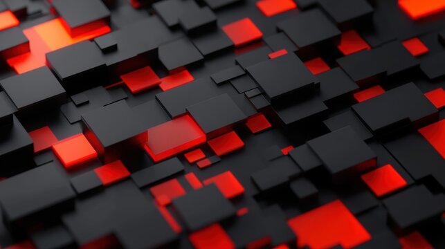 A 3D rendering of a complex geometric pattern composed of black and red cubes.