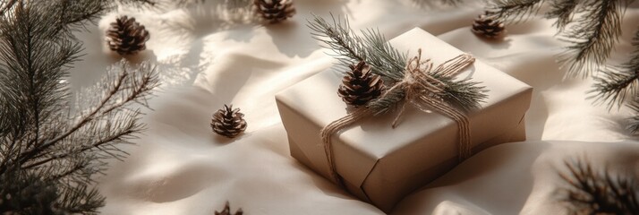 Aufkleber - Wrapped gift with pinecones and greenery on soft fabric backdrop during festive season. Generative AI