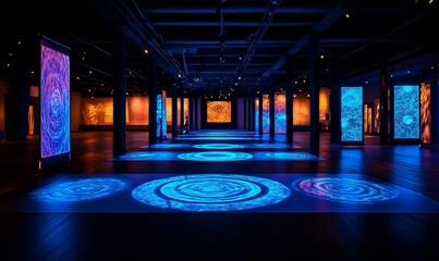 Illuminated art exhibit in industrial hall, glowing floor patterns, cultural display