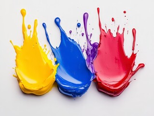 Poster - Colorful Paint Splashes in Yellow Blue Purple Red on White Background