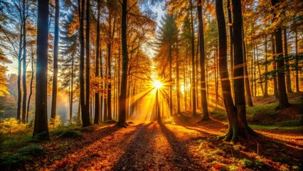 Wall Mural - Golden hour sunbeams paint magical silhouettes of trees, a dreamy forest scene.