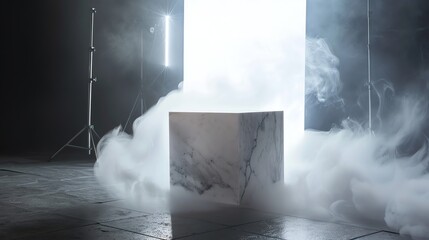 Poster - A white marble cube sits in a photography studio filled with smoke.