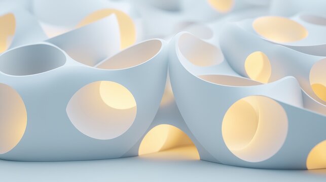 Abstract 3D rendering of a complex, organic structure with a light blue color and warm lighting.
