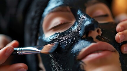 Wall Mural - A woman with her eyes closed has a black face mask applied to her face.