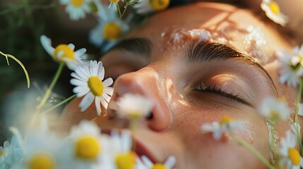 Wall Mural - A close up of a person's face with eyes closed, surrounded by chamomile flowers.