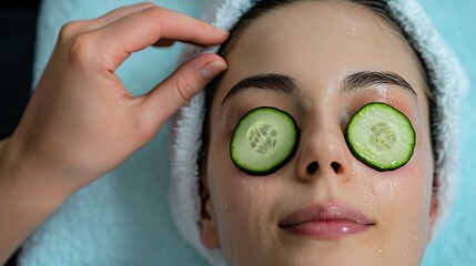 Wall Mural - A woman is receiving a facial treatment with cucumber slices on her eyes.