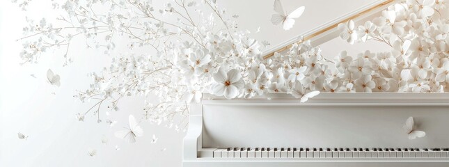 Wall Mural - White piano with blooming flowers and butterflies, creating a serene and ethereal atmosphere, perfect for promoting tranquility and elegance in design projects