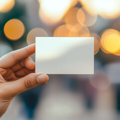 Wall Mural - hand holding blank transparent business card/ mockup/template in blurred golden bokeh background