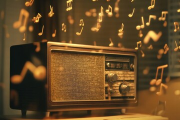 Poster - Vintage radio playing melodies surrounded by floating music notes in a cozy room setting. Generative AI