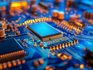 Poster - close-up of modern electronic circuit board with microchips and glow