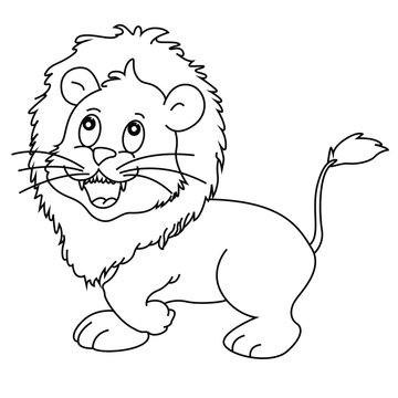 Cute cartoon hand drawn vector smiley lion cub coloring page.