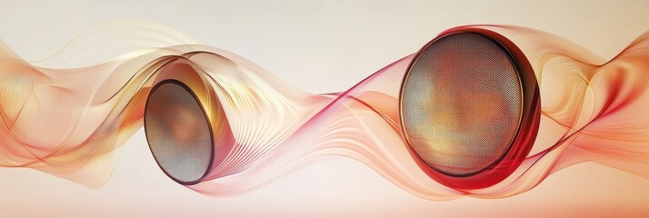 Fototapete - Creative display of 3D speakers emitting vibrant light waves in a modern artistic setting at dusk. Generative AI