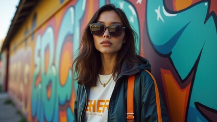 Canvas Print - A fashionable young woman wearing a streetwear outfit, oversized sunglasses, and a bold jacket, posing in front of an urban graffiti wall. The city vibe is energetic, cinematic shot, ultra-detailed, 