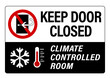 © luca piccini basile - Keep door closed, climate controlled room. Warning sign with ban symbol, snowflake and thermometer silhouette and text.