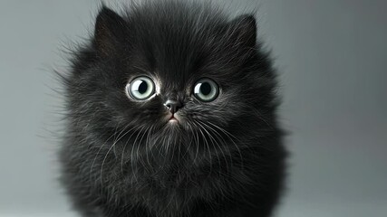 Wall Mural - Black kitten. A cartoon of a cat with gray background. Black kitten with a light fluffy coat. A dark-colored kitten lifestyle.