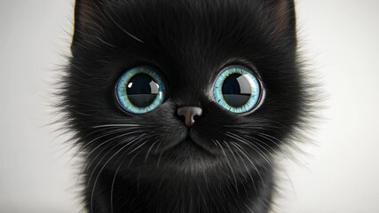 Wall Mural - Black kitten. A cartoon of a cat with gray background. Black kitten with a light fluffy coat. A dark-colored lifestyle kitten.