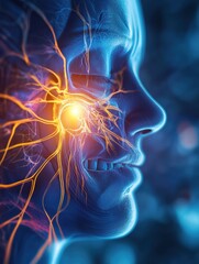 Aufkleber - Futuristic human profile with glowing neural connections and vibrant energy effects in a technology inspired setting. Generative AI