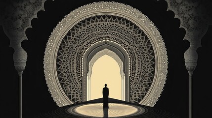 Poster - Silhouette of a figure standing in an intricate archway against a soft horizon in an artistic cityscape backdrop