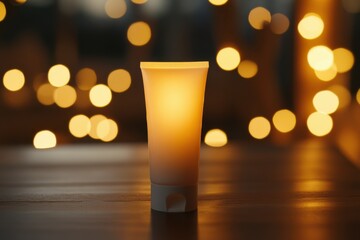 Poster - Soft glow of a cream tube illuminated by warm lights in a cozy setting during evening hours
