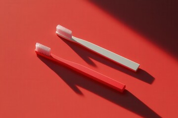 Poster - Two toothbrushes in contrasting colors lie on a vibrant red surface highlighting their unique designs and shadows