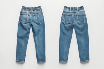 Poster - Stylish blue jeans showcased in a flat lay setting against a neutral background during daylight