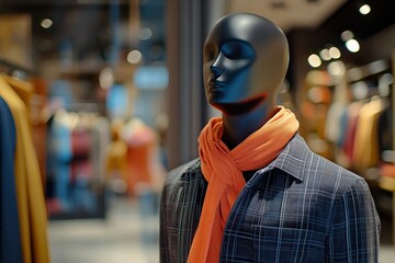 Poster - Stylish mannequin displaying fashionable clothing with an orange scarf in a modern boutique