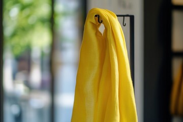 Poster - Bright yellow scarf hanging on a hook in a stylish indoor space with natural light