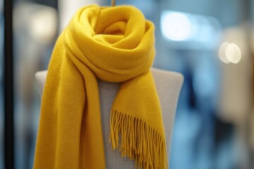 Poster - Soft yellow scarf displayed for winter fashion inspiration in a modern boutique