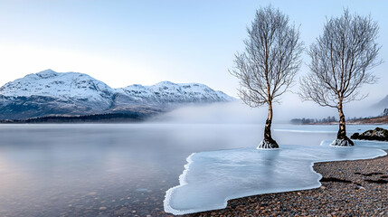 Winter Lake Scene with Snowy Mountains and Frosty Trees at a Misty Shoreline