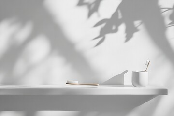 Fototapete - Toothbrushes and shadows presented on a minimalist white shelf in natural light