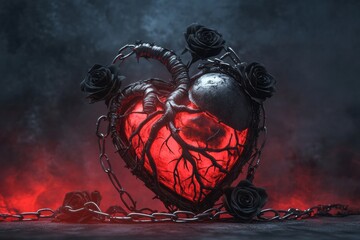 Leinwandbilder - Creative representation of a dark heart surrounded by roses and chains in a moody, atmospheric setting. Generative AI