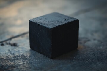Poster - Black cube resting on a textured surface in soft natural light during the early morning