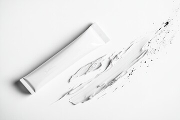 Aufkleber - Creamy texture spreads across a white background with a tube of product resting beside it, illustrating a beauty routine or skincare application
