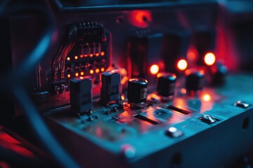 Poster - Close-up shot of a control panel with illuminated red lights, often used in technical or industrial settings