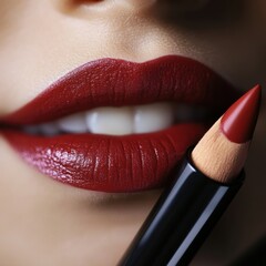Aufkleber - Bold red lips highlighted with lip pencil create a striking beauty look in a close-up setting