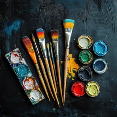 Leinwandbilder - Colorful paintbrushes and vibrant paints arranged on a dark surface showcasing the artist's essentials for creative expression