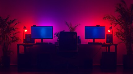 Two computer workstations illuminated with ambient neon colored lights