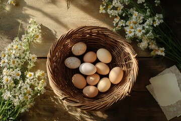 Aufkleber - Freshly gathered eggs in a rustic basket with wildflowers on a wooden table during golden hour