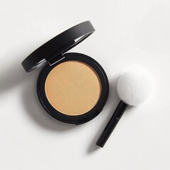 Poster - Makeup compact with golden powder and brush placed on a light background for beauty application