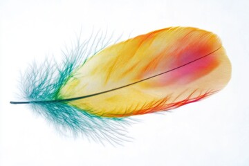 Poster - A single colorful feather lies flat on a pure white surface