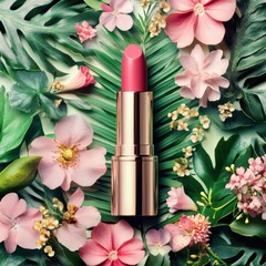 Aufkleber - Vibrant lipstick surrounded by tropical flowers and lush green leaves in a natural setting