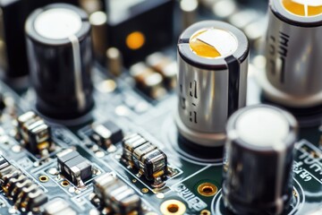 Poster - Close-up view of various electronic components on a printed circuit board, suitable for use in technology and industry contexts