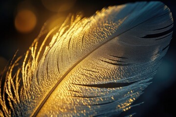 Poster - a close-up shot of a feather lying on a table, providing a detailed view of its texture and shape
