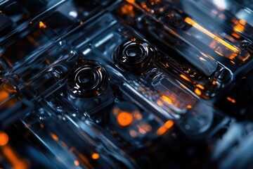 Poster - close-up shot of various electronic components on a workbench or shelf