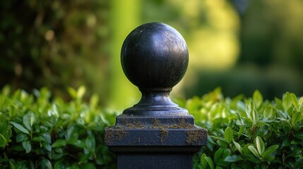 Poster - A close-up shot of a metal ball sitting atop a post, possibly used as a decorative element or marker