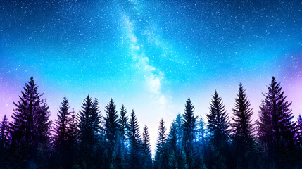 Wall Mural - milky way over silhouetted pine forest at night