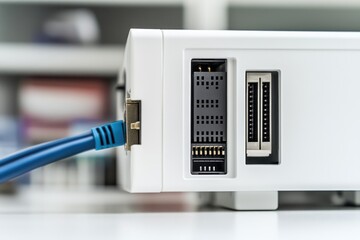 Poster - A close-up view of a computer with a blue cable connected