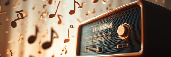 Aufkleber - Vintage radio plays music while musical notes float in the air creating a nostalgic atmosphere at home. Generative AI