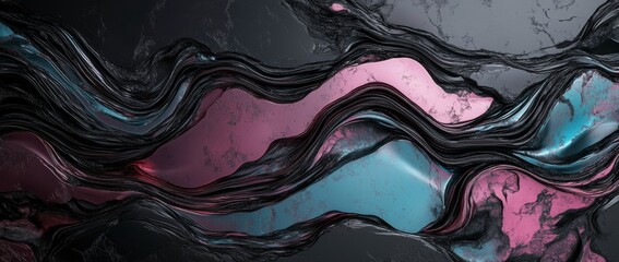 Fototapete - Colorful abstract design with swirling patterns in deep black and vibrant pink and blue tones