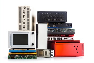 Poster - a collection of electronic parts, featuring a tv and computer